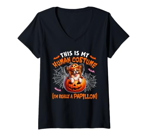 Damen Halloween Joke Human Costume Papillon In Carved Pumpkin T-Shirt mit V-Ausschnitt Damen Halloween Joke Human Costume Papillon In Carved Pumpkin T-Shirt mit V-Ausschnitt von Dog Halloween Costume