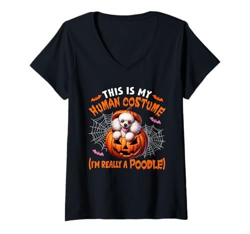 Damen Halloween Joke Human Costume Poodle In Carved Pumpkin T-Shirt mit V-Ausschnitt Damen Halloween Joke Human Costume Poodle In Carved Pumpkin T-Shirt mit V-Ausschnitt von Dog Halloween Costume