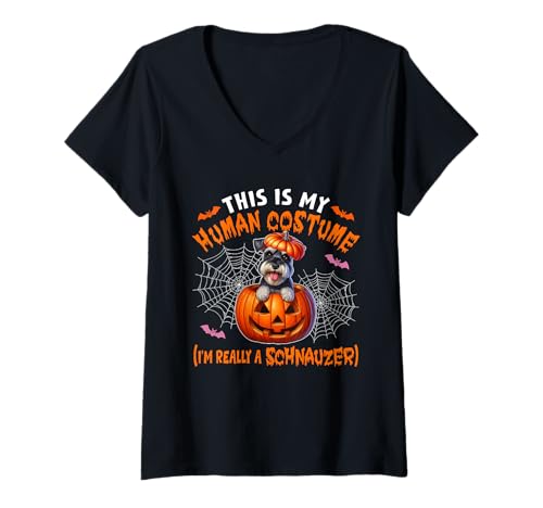 Damen Halloween Joke Human Costume Schnauzer In Carved Pumpkin T-Shirt mit V-Ausschnitt Damen Halloween Joke Human Costume Schnauzer In Carved Pumpkin T-Shirt mit V-Ausschnitt von Dog Halloween Costume