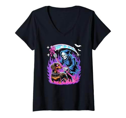 Damen Horror-Skelett mit Dackel Halloween Hundeliebhaber Besitzer T-Shirt mit V-Ausschnitt Damen Horror-Skelett mit Dackel Halloween Hundeliebhaber Besitzer T-Shirt mit V-Ausschnitt von Dog Halloween Costume