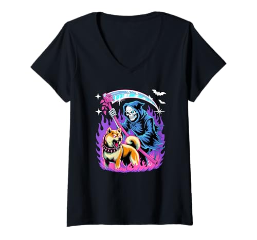 Damen Horror-Skelett mit Shiba Inu Halloween Hundeliebhaber Besitzer T-Shirt mit V-Ausschnitt Damen Horror-Skelett mit Shiba Inu Halloween Hundeliebhaber Besitzer T-Shirt mit V-Ausschnitt von Dog Halloween Costume