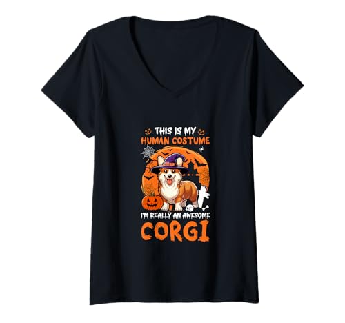 Damen Human Costume Proud Awesome Corgi Halloween Dog Owner Lover T-Shirt mit V-Ausschnitt von Dog Halloween Costume