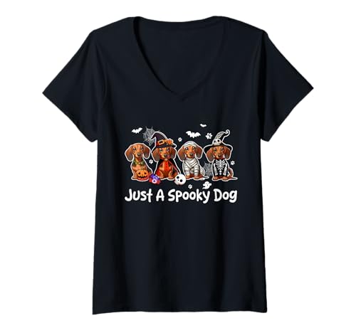 Damen Just A Spooky Halloween Dog Group Dachshunds As Witch Mummy T-Shirt mit V-Ausschnitt von Dog Halloween Costume