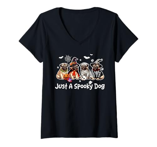 Damen Just A Spooky Halloween Dog Group Pugs As Witch Mummy T-Shirt mit V-Ausschnitt von Dog Halloween Costume