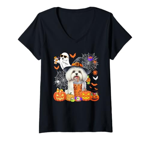 Damen Malteser als Hexe trinkt Kaffee Halloween Boo Geist T-Shirt mit V-Ausschnitt von Dog Halloween Costume