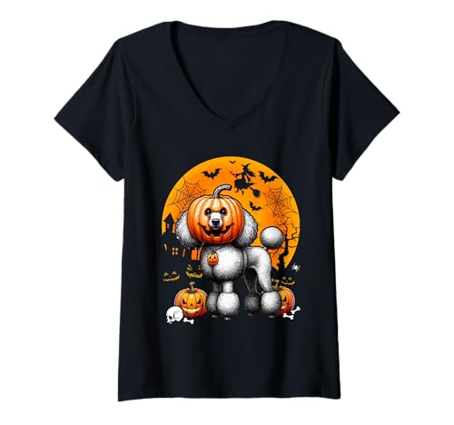 Damen Pudel Cosplay Geschnitzte Kürbisse Horror Kopf Halloween Besitzer T-Shirt mit V-Ausschnitt von Dog Halloween Costume