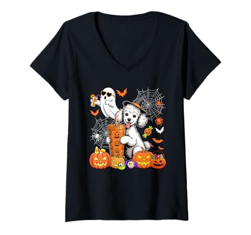Damen Pudel als Hexe trinkt Kaffee Halloween Boo Geist T-Shirt mit V-Ausschnitt Damen Pudel als Hexe trinkt Kaffee Halloween Boo Geist T-Shirt mit V-Ausschnitt von Dog Halloween Costume