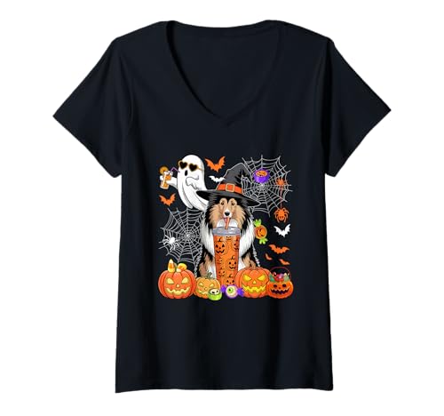 Damen Sheltie als Hexe trinkt Kaffee Halloween Boo Ghost T-Shirt mit V-Ausschnitt von Dog Halloween Costume