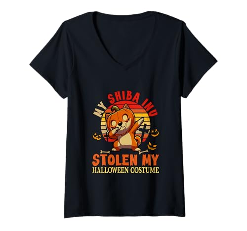 Damen Shiba Inu Stolen My Halloween Kostüm Hund geschnitzter Kürbis T-Shirt mit V-Ausschnitt von Dog Halloween Costume