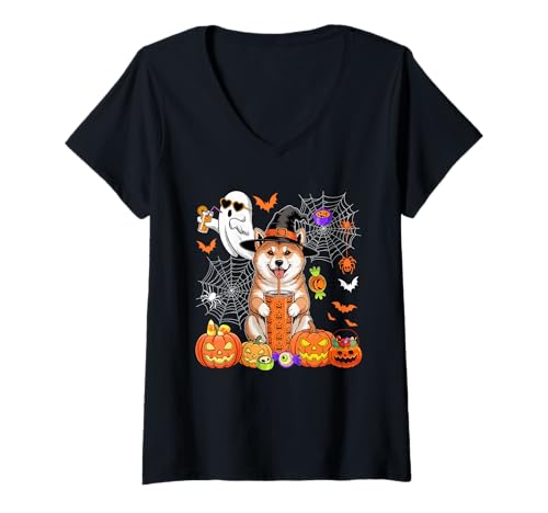 Damen Shiba Inu als Hexe trinkt Kaffee Halloween Boo Ghost T-Shirt mit V-Ausschnitt von Dog Halloween Costume