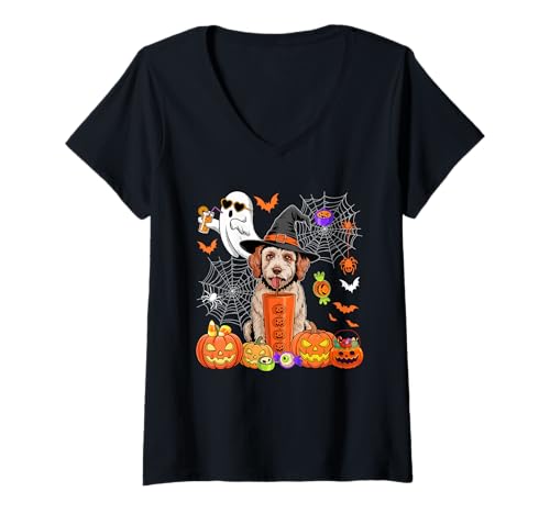 Damen Sproodle als Hexe trinkt Kaffee Halloween Boo Ghost T-Shirt mit V-Ausschnitt von Dog Halloween Costume