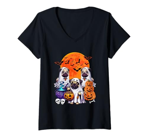 Damen Three Cute Pugs Cosplay Witch Boo Ghosts Halloween Owner T-Shirt mit V-Ausschnitt Damen Three Cute Pugs Cosplay Witch Boo Ghosts Halloween Owner T-Shirt mit V-Ausschnitt von Dog Halloween Costume