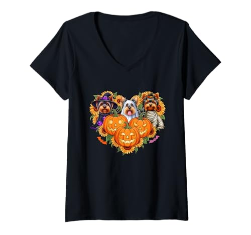Damen Three Halloween Yorkshire Terrier Cosplay Witch Boo Mummy T-Shirt mit V-Ausschnitt Damen Three Halloween Yorkshire Terrier Cosplay Witch Boo Mummy T-Shirt mit V-Ausschnitt von Dog Halloween Costume