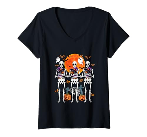 Damen Three Horror Skeletons Hugging Dachshunds As Witch T-Shirt mit V-Ausschnitt von Dog Halloween Costume