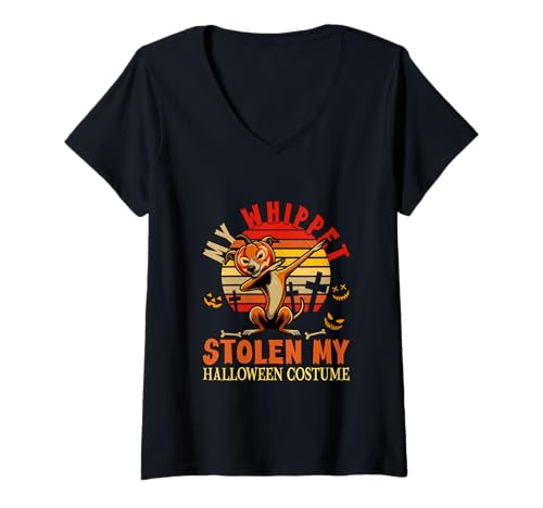 Damen Whippet Stolen My Halloween Kostüm Hund geschnitzter Kürbis T-Shirt mit V-Ausschnitt von Dog Halloween Costume