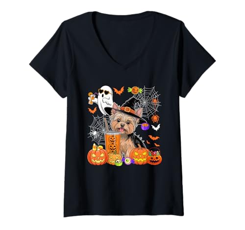 Damen Yorkshire Terrier als Hexe trinkt Kaffee Halloween Boo T-Shirt mit V-Ausschnitt von Dog Halloween Costume