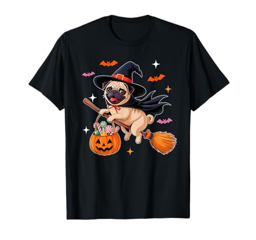 Pug Cosplay Witch On Broomstick Halloween Owner Kids Family T-Shirt von Dog Halloween Costume