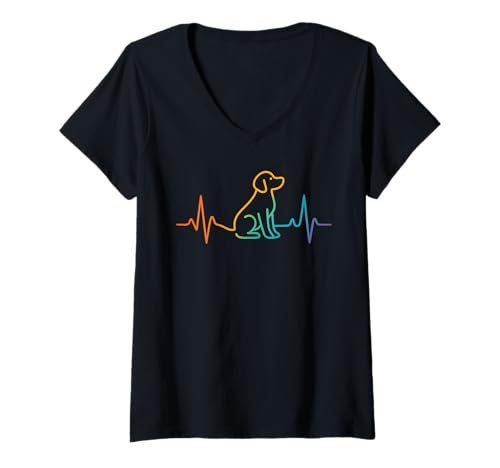 Damen Cute Colorful Dog Heartbeat EKG T-Shirt mit V-Ausschnitt von Dog Heartbeat EKG Graphic Cute Dog Lovers Apparel