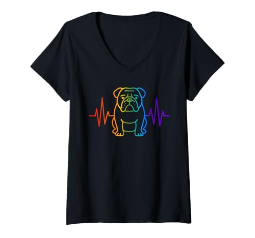 Damen Cute Colorful English Bulldog Dog Heartbeat EKG T-Shirt mit V-Ausschnitt von Dog Heartbeat EKG Graphic Cute Dog Lovers Apparel