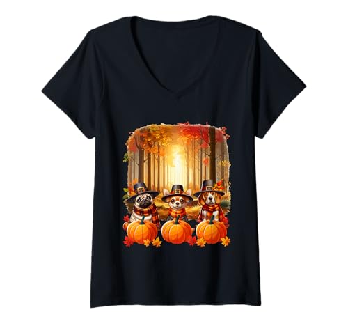Damen Three Cute Dogs Pug Chihuahua Beagle Thanksgving Pumpkins T-Shirt mit V-Ausschnitt Damen Three Cute Dogs Pug Chihuahua Beagle Thanksgving Pumpkins T-Shirt mit V-Ausschnitt von Dog Holiday List Costume