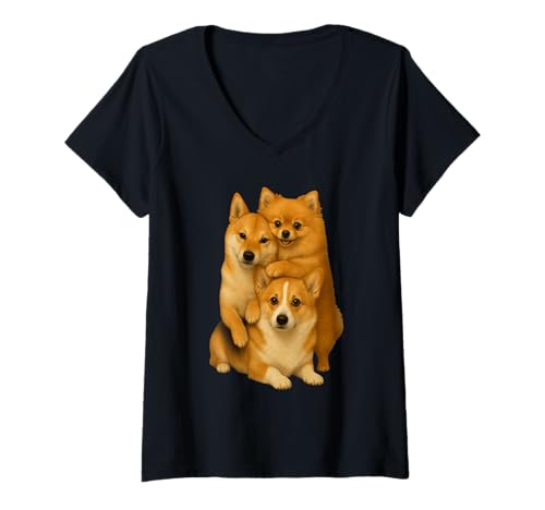 Damen Corgi Shiba Inu (Pommern) T-Shirt mit V-Ausschnitt von Dog Love