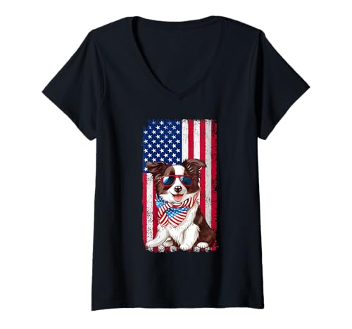 Damen Border Collie 4. Juli Süße Border Collie Amerikanische Flagge T-Shirt mit V-Ausschnitt Damen Border Collie 4. Juli Süße Border Collie Amerikanische Flagge T-Shirt mit V-Ausschnitt von Dog Lover American Flag Shirts & 4th of July Gifts