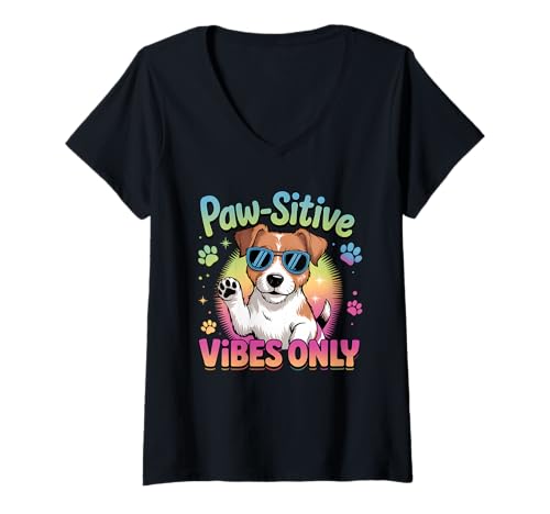 Damen Retro Jack Russell Terrier Hundeliebhaber T-Shirt mit V-Ausschnitt Damen Retro Jack Russell Terrier Hundeliebhaber T-Shirt mit V-Ausschnitt von Dog Lover Apparel Cool Dog Vibes