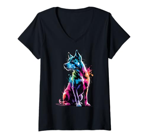 Damen Bunte Farbspritzer im Hunde-Poster-Stil, Grafik-Spritzer T-Shirt mit V-Ausschnitt Damen Bunte Farbspritzer im Hunde-Poster-Stil, Grafik-Spritzer T-Shirt mit V-Ausschnitt von Dog Lover Apparel & Arts