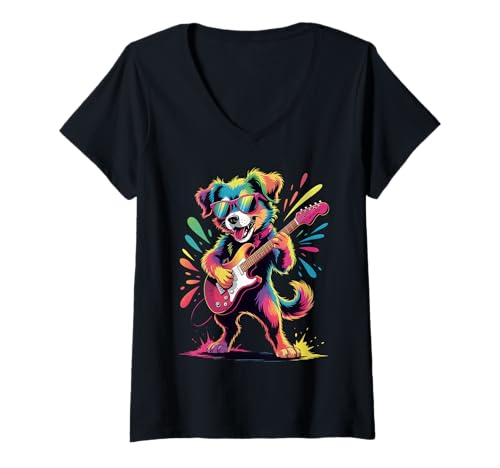Damen Farbenfrohes Hunde-Gitarrenposter Stil Farbspritzer Kunst Grafik T-Shirt mit V-Ausschnitt Damen Farbenfrohes Hunde-Gitarrenposter Stil Farbspritzer Kunst Grafik T-Shirt mit V-Ausschnitt von Dog Lover Apparel & Arts