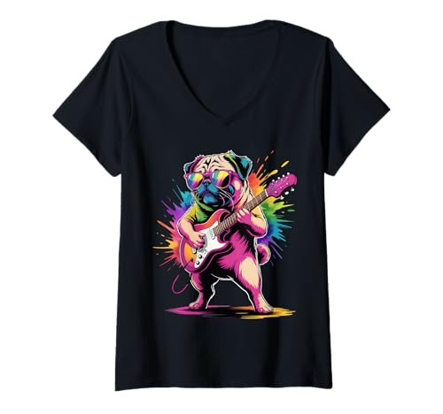 Damen Mops-Gitarre, Poster-Stil, Bunte Farbspritzer, Kunstgrafik T-Shirt mit V-Ausschnitt Damen Mops-Gitarre, Poster-Stil, Bunte Farbspritzer, Kunstgrafik T-Shirt mit V-Ausschnitt von Dog Lover Apparel & Arts