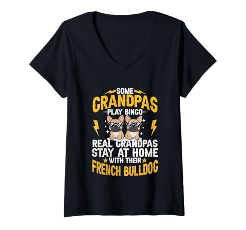 Damen Echte Opas bleiben einfach zu Hause mit ihrer französischen Bulldogge T-Shirt mit V-Ausschnitt von Dog Lover Breed French Bulldog Sayings Gift