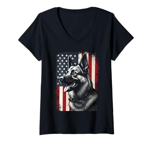 Damen Patriotische amerikanische Flagge Hund 4. Juli Deutscher Schäferhund T-Shirt mit V-Ausschnitt von Dog Lover Graphics