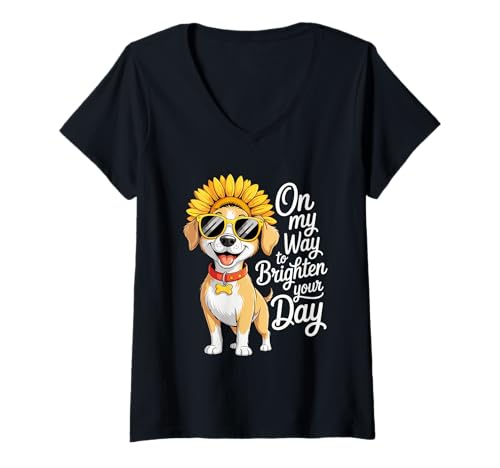 Damen Lustige Hunde-Sonnenblume „On My Way to Brighten Your Day“ T-Shirt mit V-Ausschnitt Damen Lustige Hunde-Sonnenblume „On My Way to Brighten Your Day“ T-Shirt mit V-Ausschnitt von Dog Lover Humor Sunflower Positive Vibes Apparel