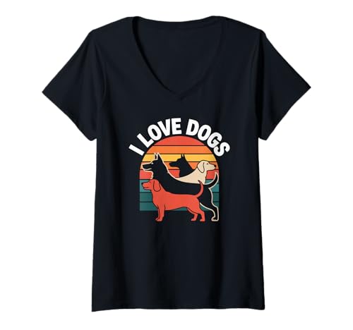 Damen Ich Liebe Hunde, Retro-Vintage-Stil T-Shirt mit V-Ausschnitt Damen Ich Liebe Hunde, Retro-Vintage-Stil T-Shirt mit V-Ausschnitt von Dog Lover Passionate Pet Enthusiast