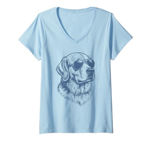 Damen Golden Retriever Hund in Sonnenbrille T-Shirt mit V-Ausschnitt von Dog Lover Pet Owner Outfits Gifts