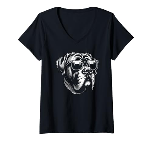 Damen Hund trägt Sonnenbrille Grafik T-Shirt mit V-Ausschnitt von Dog Lover Pet Owner Outfits Gifts