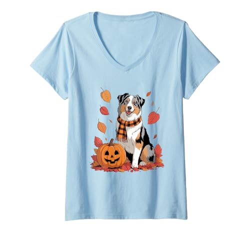 Damen Aussie Hundeliebhaber Kürbis Herbst Thanksgiving T-Shirt mit V-Ausschnitt Damen Aussie Hundeliebhaber Kürbis Herbst Thanksgiving T-Shirt mit V-Ausschnitt von Dog Lover Pumpkin Vibes
