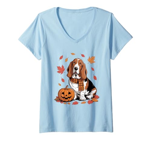 Damen Basset Hound Hundeliebhaber Kürbis Herbst Thanksgiving T-Shirt mit V-Ausschnitt Damen Basset Hound Hundeliebhaber Kürbis Herbst Thanksgiving T-Shirt mit V-Ausschnitt von Dog Lover Pumpkin Vibes