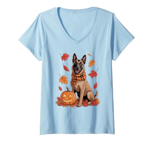 Damen Belgischer Malinois Hundeliebhaber Kürbis Herbst Thanksgiving T-Shirt mit V-Ausschnitt Damen Belgischer Malinois Hundeliebhaber Kürbis Herbst Thanksgiving T-Shirt mit V-Ausschnitt von Dog Lover Pumpkin Vibes