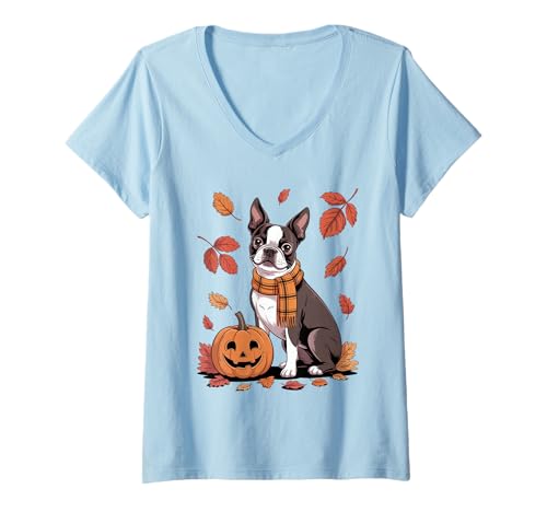 Damen Boston Terrier Hundeliebhaber Kürbis Herbst Thanksgiving T-Shirt mit V-Ausschnitt Damen Boston Terrier Hundeliebhaber Kürbis Herbst Thanksgiving T-Shirt mit V-Ausschnitt von Dog Lover Pumpkin Vibes