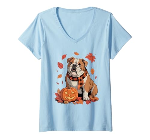 Damen Bulldogge Hundeliebhaber Kürbis Herbst Thanksgiving T-Shirt mit V-Ausschnitt Damen Bulldogge Hundeliebhaber Kürbis Herbst Thanksgiving T-Shirt mit V-Ausschnitt von Dog Lover Pumpkin Vibes