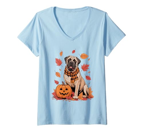 Damen Bullmastiff Lover Kürbis Herbst Thanksgiving T-Shirt mit V-Ausschnitt von Dog Lover Pumpkin Vibes