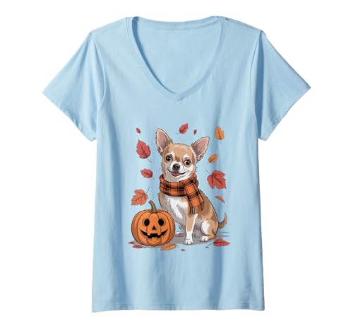 Damen Chihuahua Hundeliebhaber Kürbis Herbst Thanksgiving T-Shirt mit V-Ausschnitt Damen Chihuahua Hundeliebhaber Kürbis Herbst Thanksgiving T-Shirt mit V-Ausschnitt von Dog Lover Pumpkin Vibes
