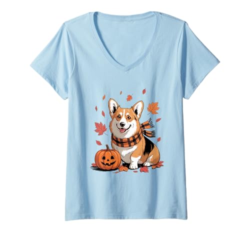 Damen Corgi Hundeliebhaber Kürbis Herbst Thanksgiving T-Shirt mit V-Ausschnitt Damen Corgi Hundeliebhaber Kürbis Herbst Thanksgiving T-Shirt mit V-Ausschnitt von Dog Lover Pumpkin Vibes