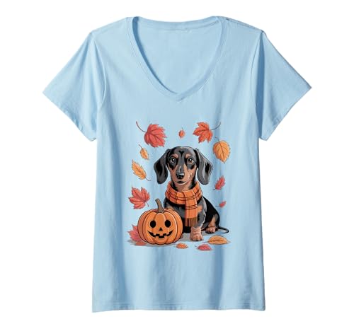 Damen Dackel Hundeliebhaber Kürbis Herbst Thanksgiving T-Shirt mit V-Ausschnitt Damen Dackel Hundeliebhaber Kürbis Herbst Thanksgiving T-Shirt mit V-Ausschnitt von Dog Lover Pumpkin Vibes