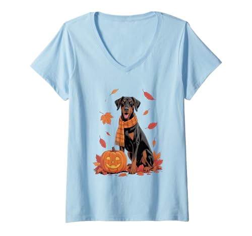 Damen Dobermann Pinscher Hundeliebhaber Kürbis Herbst Thanksgiving T-Shirt mit V-Ausschnitt Damen Dobermann Pinscher Hundeliebhaber Kürbis Herbst Thanksgiving T-Shirt mit V-Ausschnitt von Dog Lover Pumpkin Vibes