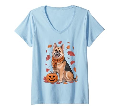 Damen Elsässischer Hundeliebhaber Kürbis Herbst Thanksgiving T-Shirt mit V-Ausschnitt Damen Elsässischer Hundeliebhaber Kürbis Herbst Thanksgiving T-Shirt mit V-Ausschnitt von Dog Lover Pumpkin Vibes