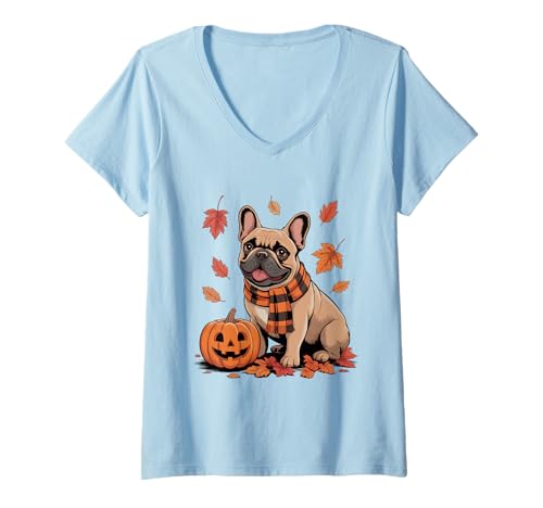 Damen Französische Bulldogge Hundeliebhaber Kürbis Herbst Thanksgiving T-Shirt mit V-Ausschnitt Damen Französische Bulldogge Hundeliebhaber Kürbis Herbst Thanksgiving T-Shirt mit V-Ausschnitt von Dog Lover Pumpkin Vibes