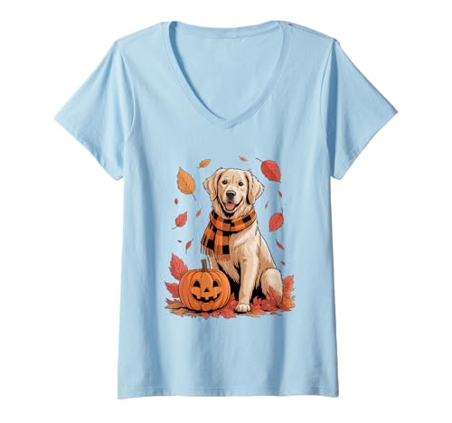 Damen Golden Retriever Hundeliebhaber Kürbis Herbst Thanksgiving T-Shirt mit V-Ausschnitt Damen Golden Retriever Hundeliebhaber Kürbis Herbst Thanksgiving T-Shirt mit V-Ausschnitt von Dog Lover Pumpkin Vibes