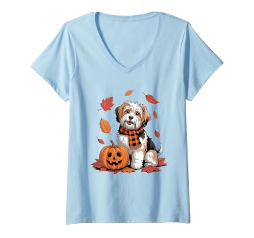 Damen Havanesischer Liebhaber Hund Kürbis Herbst Thanksgiving T-Shirt mit V-Ausschnitt Damen Havanesischer Liebhaber Hund Kürbis Herbst Thanksgiving T-Shirt mit V-Ausschnitt von Dog Lover Pumpkin Vibes